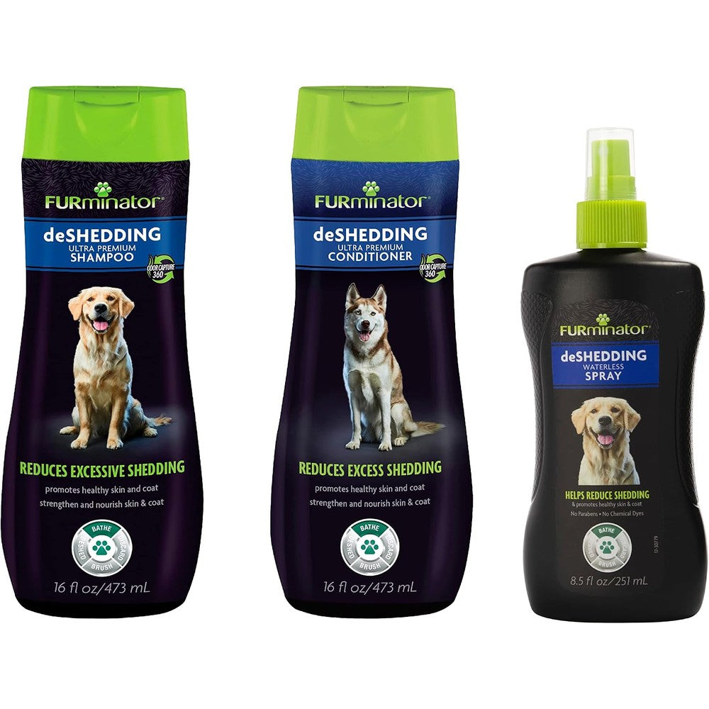 FURminator Dog deShedding Kit Includes Ultra Premium Shampoo Conditioner And Waterless Spray For Hair Reduction Three Piece Set 40.5 Fluid Ounces