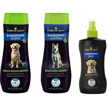 FURminator Dog deShedding Kit Includes Ultra Premium Shampoo Conditioner And Waterless Spray For Hair Reduction Three Piece Set 40.5 Fluid Ounces