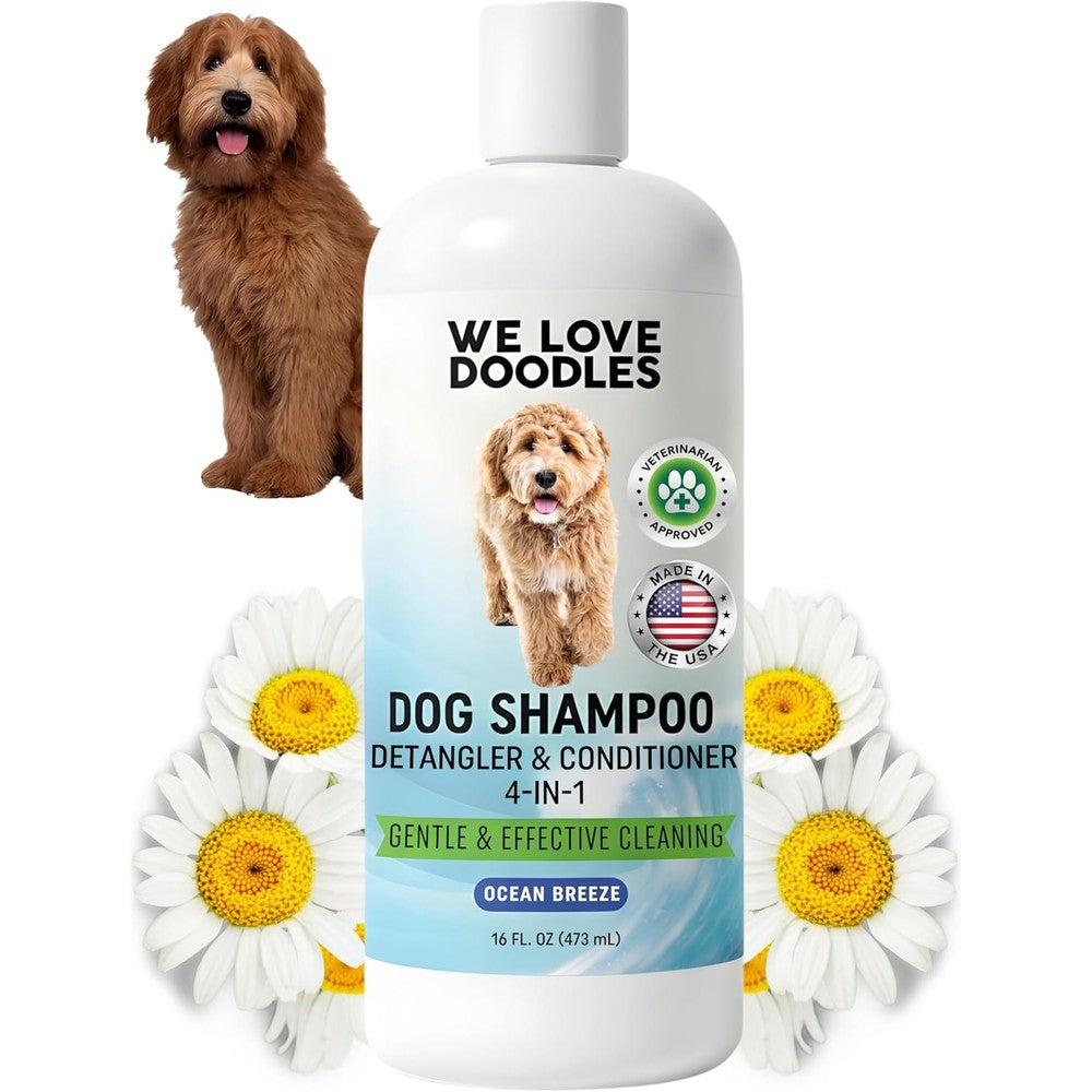 We Love Doodles 4-in-1 Dog Shampoo Conditioner And Detangler For Goldendoodles And Poodles Ocean Breeze Scent 16 Fluid Ounces