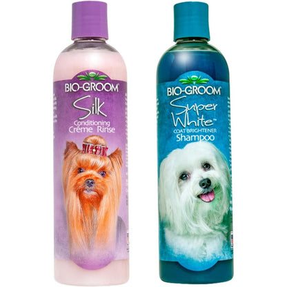 Bio-Groom Dog Shampoo And Conditioner Set Whitening Shampoo And Silk Conditioning Creme Rinse For Dogs And Cats 12 Fluid Ounces Each