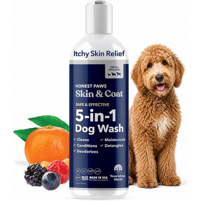 Honest Paws Skin And Coat Five In One Dog Wash And Conditioner Shampoo For Allergies And Dry Itchy Sensitive Skin Sixteen Fluid Ounce