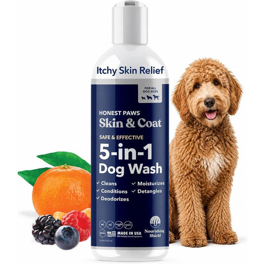 Honest Paws Skin And Coat Five In One Dog Wash And Conditioner Shampoo For Allergies And Dry Itchy Sensitive Skin Sixteen Fluid Ounce