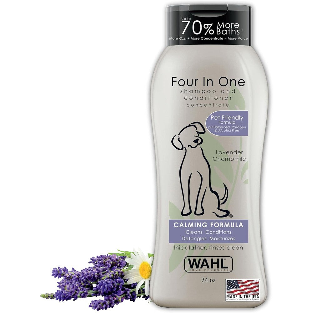 Wahl USA 4-In-1 Calming Dog Shampoo With Lavender And Chamomile Scent - Cleans, Conditions, Detangles, And Moisturizes - 24 Fluid Ounce Bottle