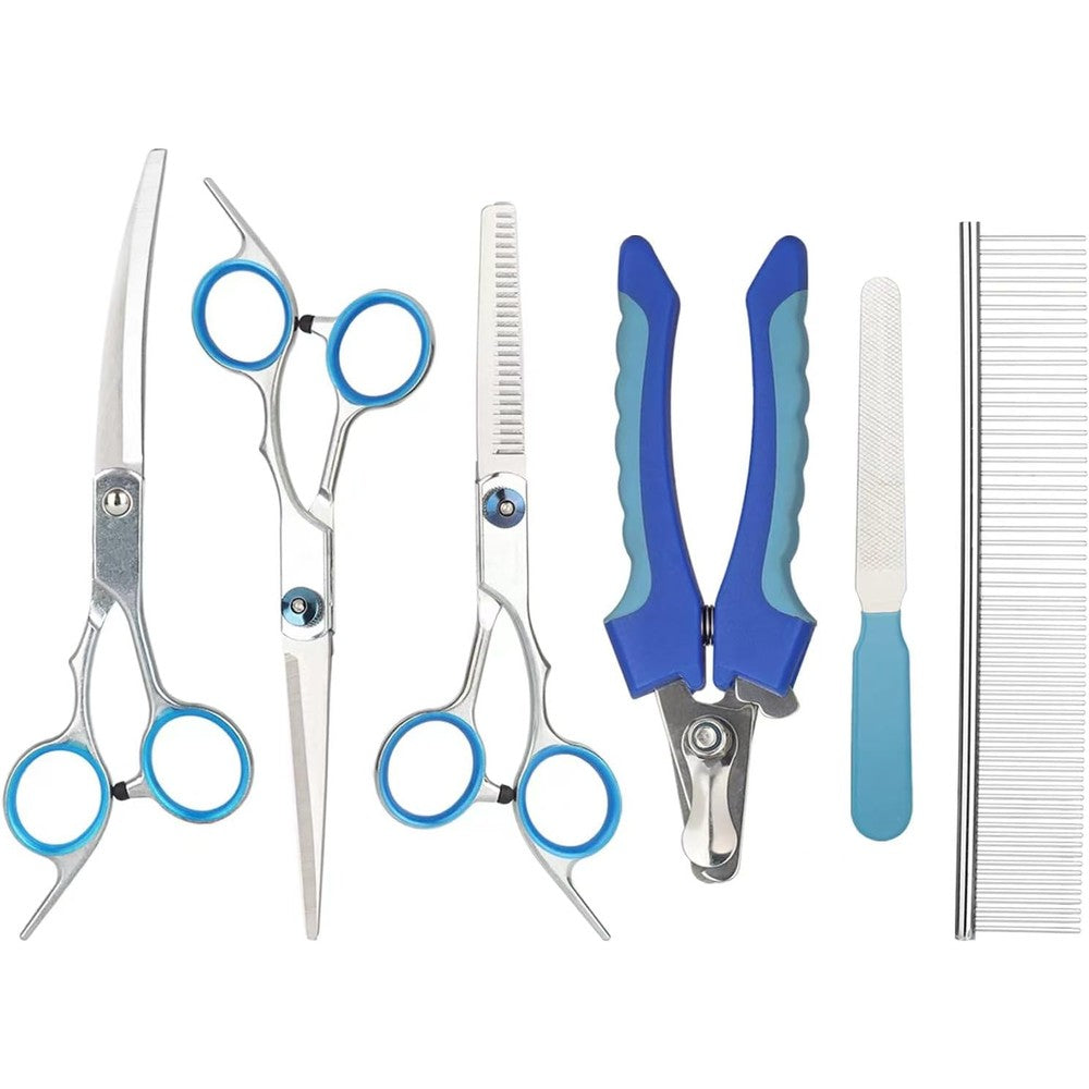 BL Electronics Professional 6 Piece Stainless Steel Pet Grooming Scissors Set With 6.6 Inch Cutting Curved And Thinning Shears Nail Clipper And File