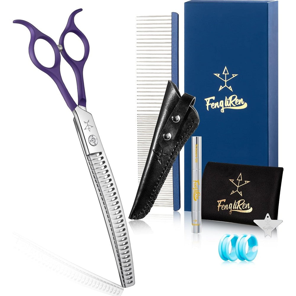 Fengliren High End Professional Dog Grooming Curved Thinning Scissors Stainless Steel Alloy Pet Texturizing Blending Shears With Purple Handles 7.5...
