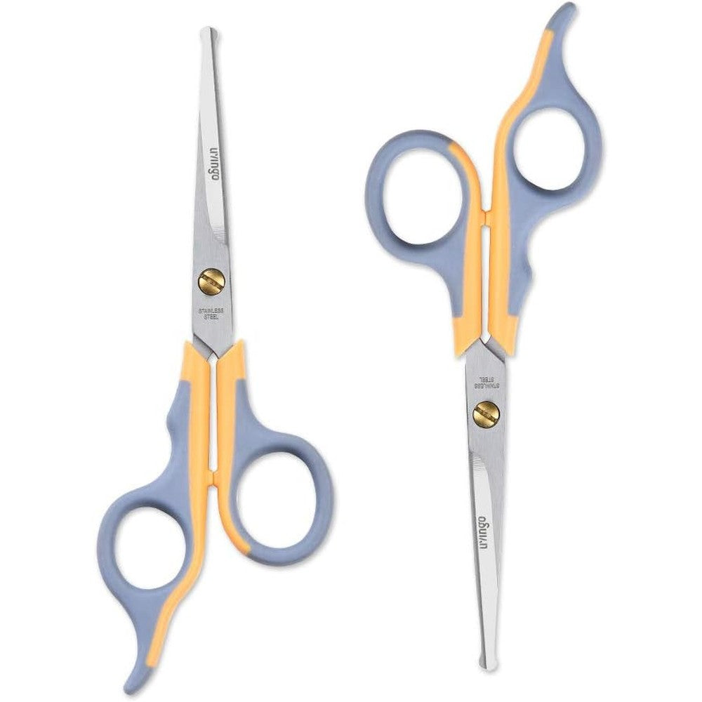 LIVINGO Professional Pet Grooming Scissors For Cats And Dogs Titanium Coated Safe Rounded Tip Shears Gray And Yellow Two Pack Six Point Five Inches