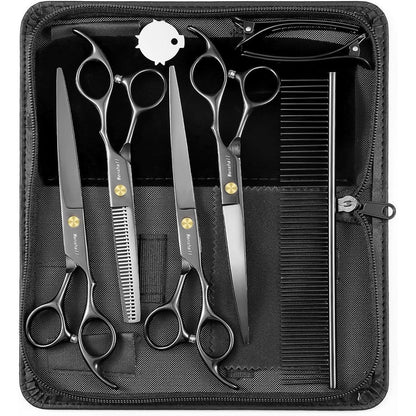 Wenshall Professional Dog Grooming Scissors Set Seven Inch Titanium Straight Thinming Curved Shears And Comb For Pet Grooming Black Five Pieces