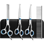 SCEDREAM Five In One Dog Grooming Scissors Set With Safety Round Tips Stainless Steel Curved Pet Grooming Shears For Dogs And Cats Blue