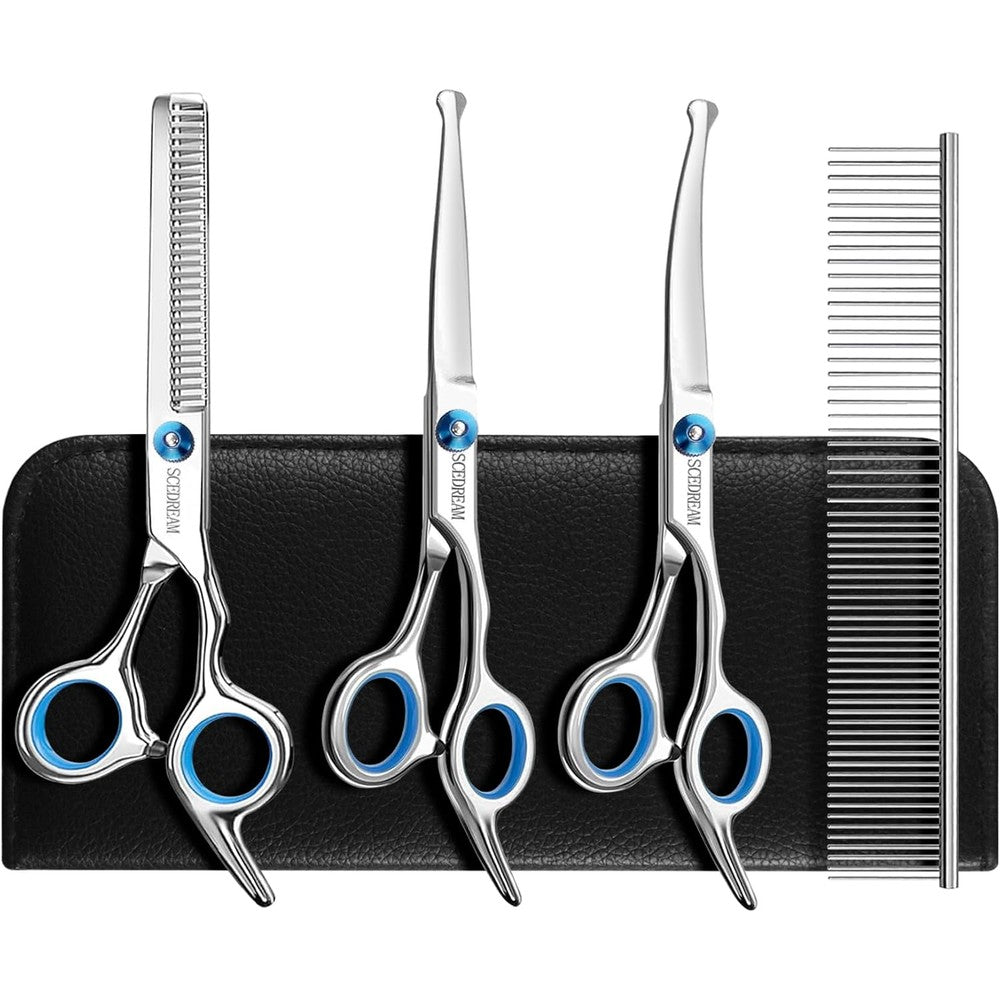 SCEDREAM Five In One Dog Grooming Scissors Set With Safety Round Tips Stainless Steel Curved Pet Grooming Shears For Dogs And Cats Blue