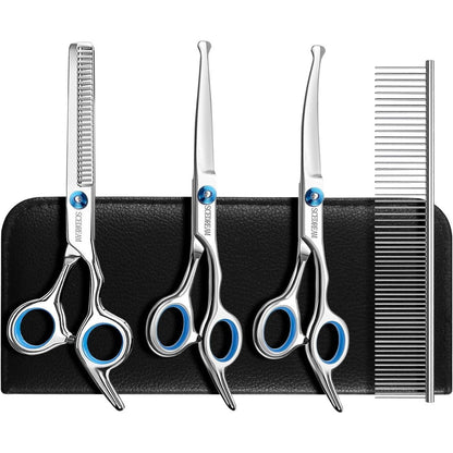 SCEDREAM Five In One Dog Grooming Scissors Set With Safety Round Tips Stainless Steel Curved Pet Grooming Shears For Dogs And Cats Blue