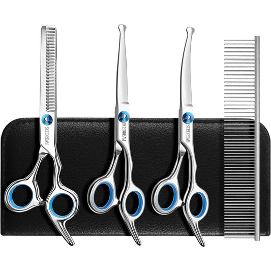 SCEDREAM Five In One Dog Grooming Scissors Set With Safety Round Tips Stainless Steel Curved Pet Grooming Shears For Dogs And Cats Blue