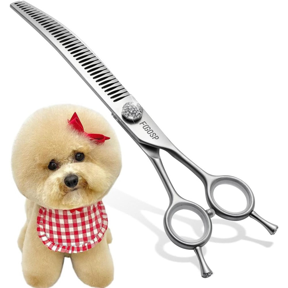 FOGOSP Professional 8.0 Inches Curved Chunker Shears For Dog Grooming With Artificial Diamonds And 38 Teeth For Large Dogs Matt Black