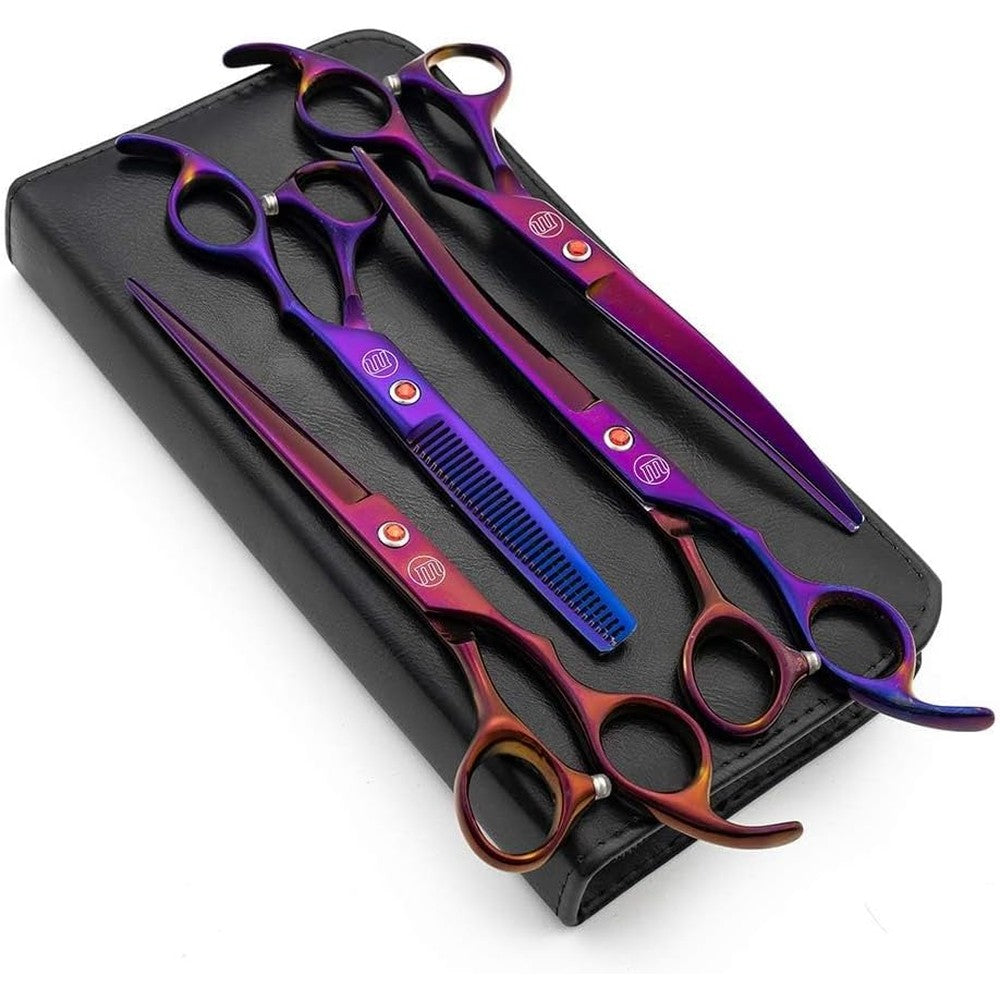 Moontay Professional 7.0 Inches Dog Grooming Scissors Set 4 Pieces Straight Curved Thinning Shears Premium Purple Pet Trimming Kit