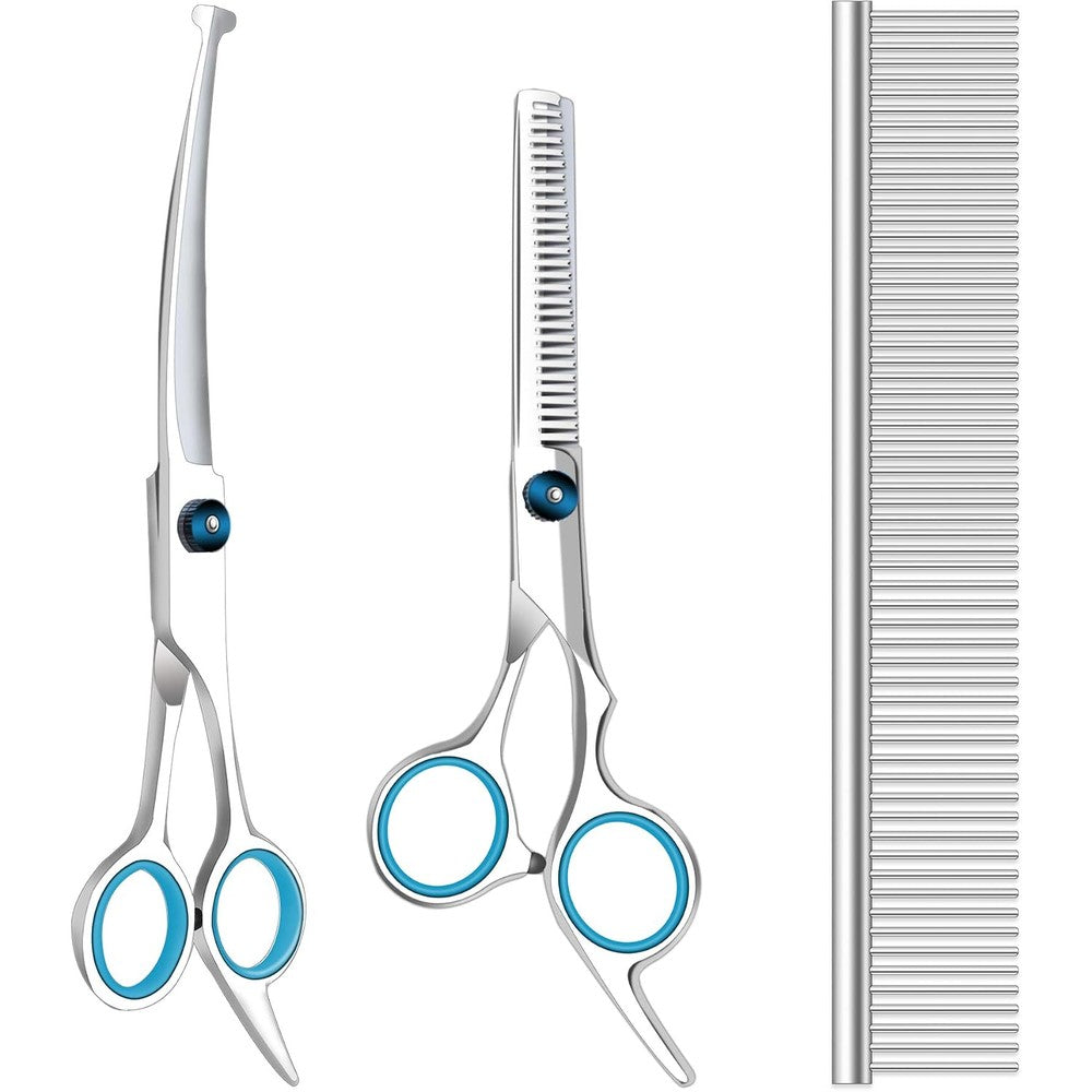 Maxshop Dog Grooming Scissors With Safety Round Tips Heavy Duty Titanium Pet Trimmer Kit Professional Thinning Shears And Curved Scissors Set Of 3