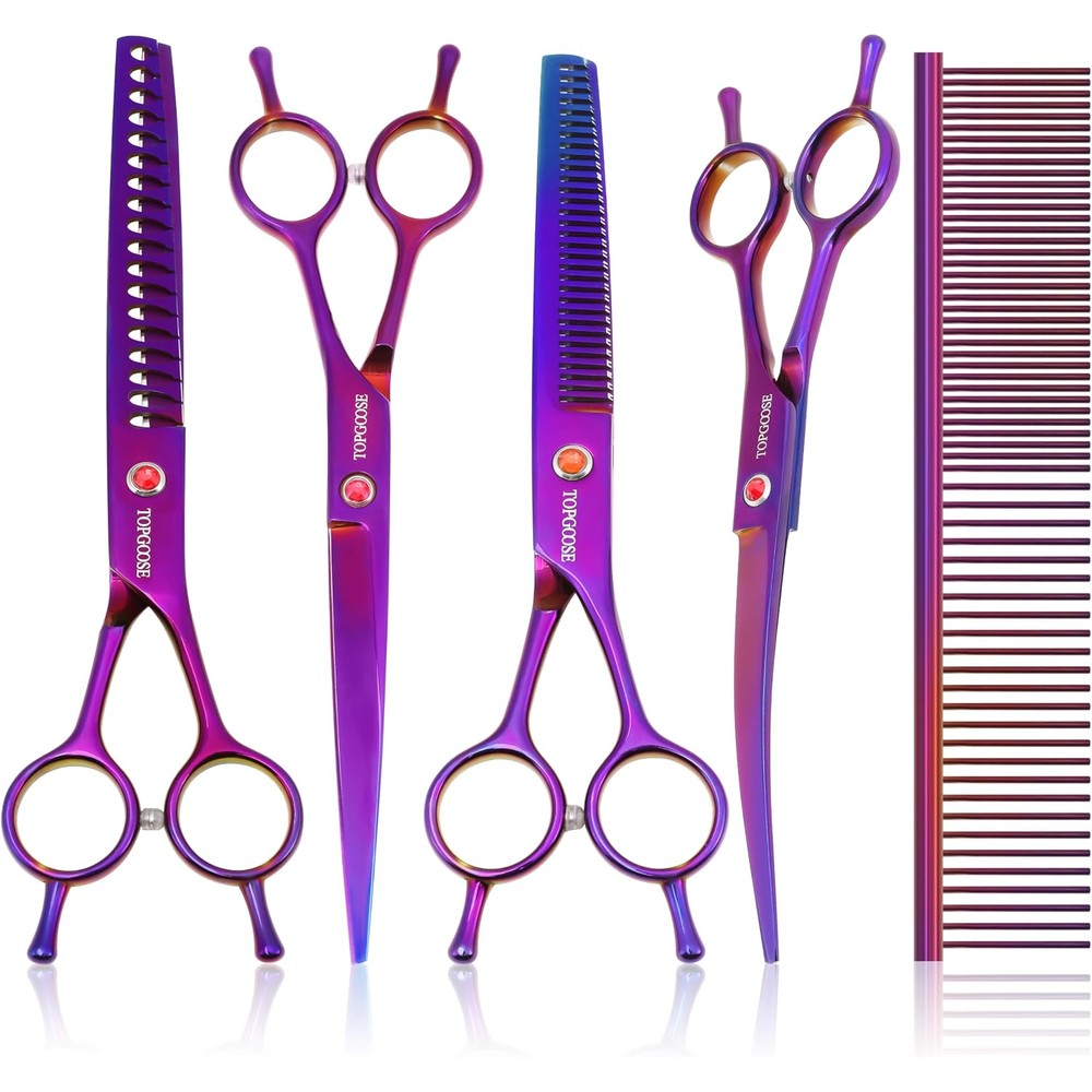 Jason Professional Dog Grooming Scissors Kit Six In One Pet Hair Shears Set Containing Straight Thinning Chunker Curved Scissors And Comb Purple