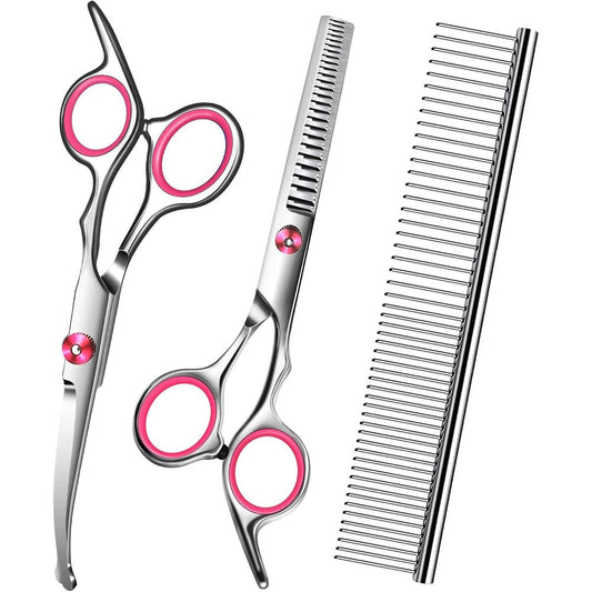 Wikdey Pet Grooming Scissors Kit With Safety Round Tip Includes Thinning Shears Curved Grooming Scissors And Steel Comb For Right Handed Dogs Cats