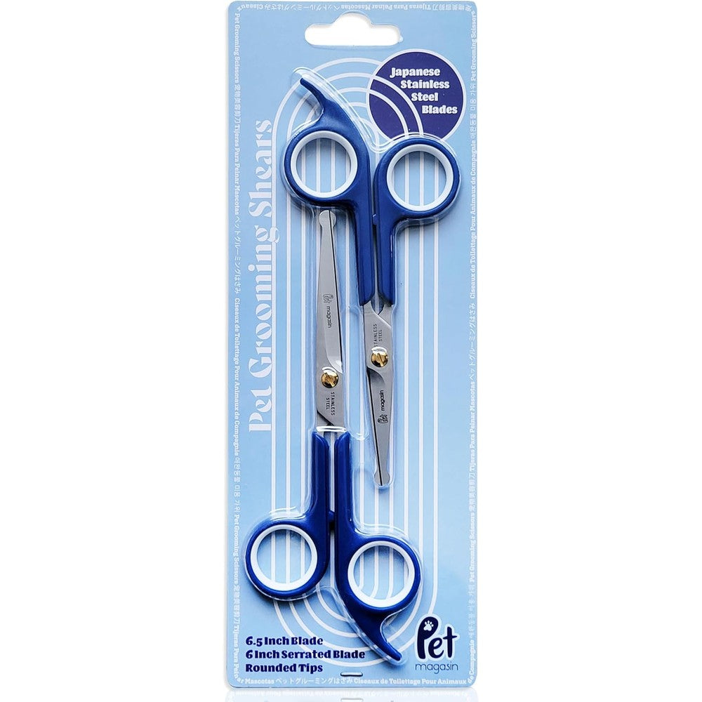 Pet Magasin Japanese Stainless Steel Pet Grooming Scissors Set of Two Pieces with Round Safety Tips for Facial Hair and Body Trimming Blue
