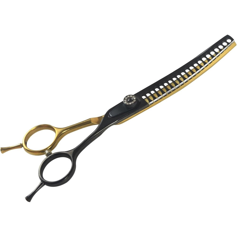 Hyzrqwyw 7 Inch Curved Chunker Dog Grooming Scissors 21 Teeth T Shape 70 Percent Thinning Professional Pet Texturizing Shear Black And Gold