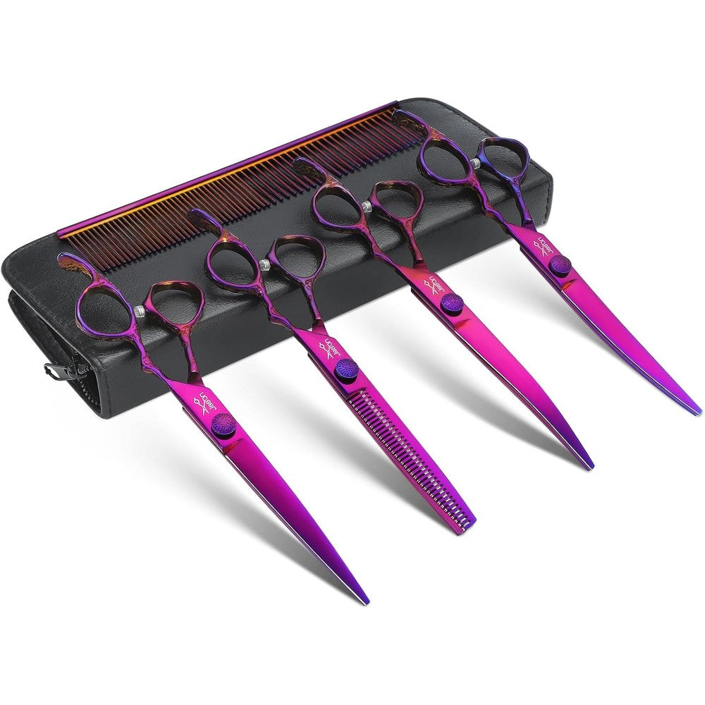 JASON Dog Grooming Scissors Set Professional 6 In 1 Pet Shears Kit With Thinning Straight Curved Scissors And Comb Purple