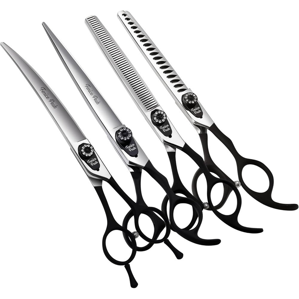 Fenice Peak Seven Inch Professional Dog Grooming Scissors Set With Black Non Slip Handle Four Piece 440C Stainless Steel Shears For Pet Services