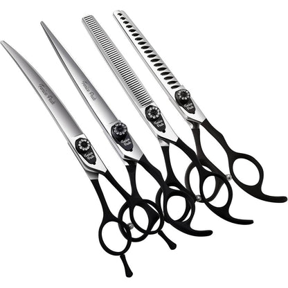 Fenice Peak Seven Inch Professional Dog Grooming Scissors Set With Black Non Slip Handle Four Piece 440C Stainless Steel Shears For Pet Services