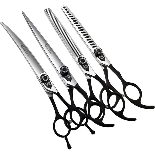 Fenice Peak Seven Inch Professional Dog Grooming Scissors Set With Black Non Slip Handle Four Piece 440C Stainless Steel Shears For Pet Services