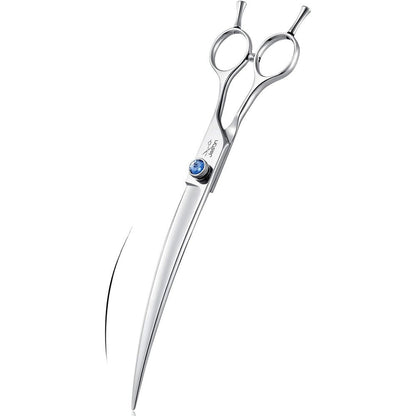 JASON Eight Inch Curved Dog Grooming Scissors Ergonomic Pet Shears With Offset Handle And Jewelled Screw For Right Handed Groomers