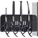 CIICII Professional Dog Grooming Scissors Kit Ten Piece Pet Shears Set With Safety Round Tip Curved Thinning Straight Scissors Black Seven Inch