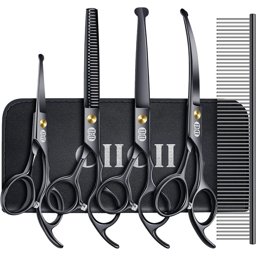 CIICII Professional Dog Grooming Scissors Kit Ten Piece Pet Shears Set With Safety Round Tip Curved Thinning Straight Scissors Black Seven Inch