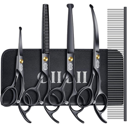CIICII Professional Dog Grooming Scissors Kit Ten Piece Pet Shears Set With Safety Round Tip Curved Thinning Straight Scissors Black Seven Inch