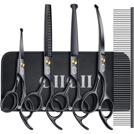 CIICII Professional Dog Grooming Scissors Kit Ten Piece Pet Shears Set With Safety Round Tip Curved Thinning Straight Scissors Black Seven Inch