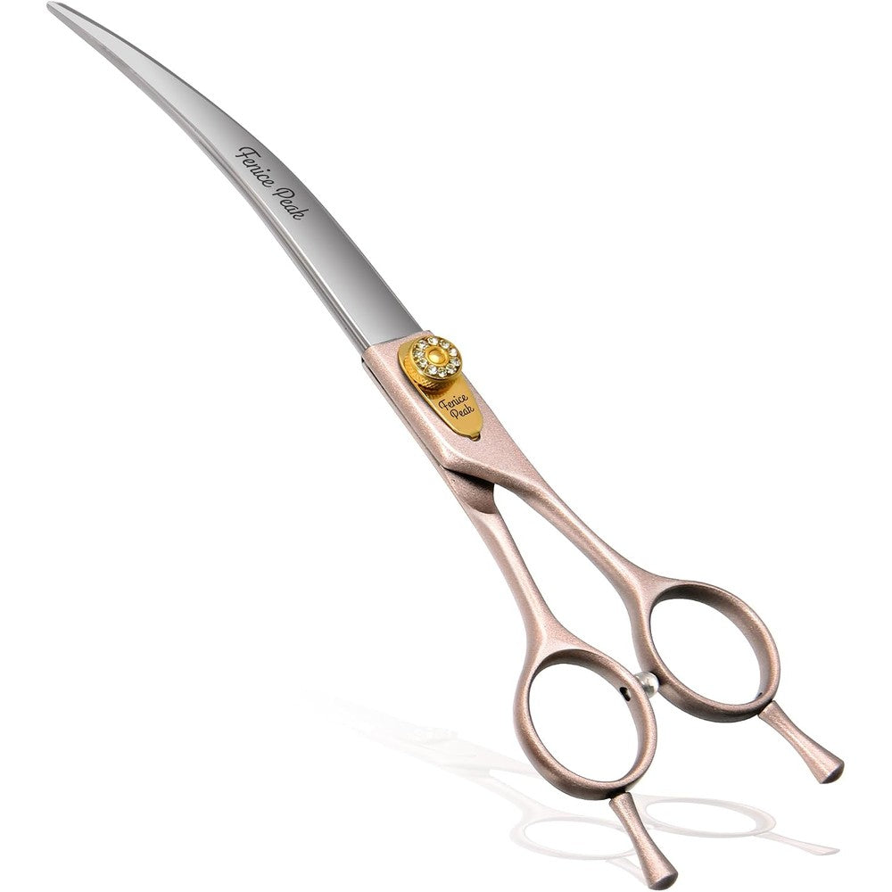 Fenice Peak Professional Curved Dog Grooming Scissors 7 Inch Rose Gold 440C Stainless Steel Pet Cutting Shears Safety Trimming Shearing For Dogs