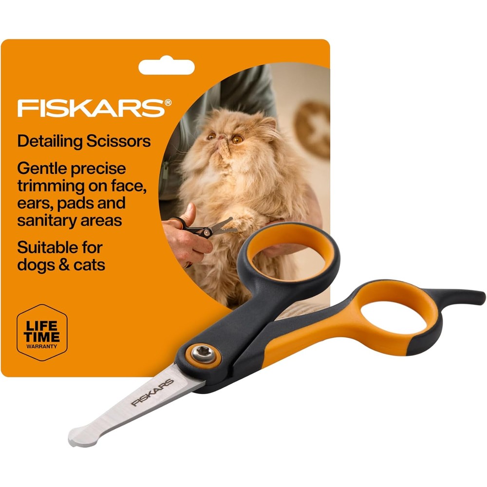 Fiskars Pet Detailing Scissors for Dog and Cat Grooming with Precision Stainless Steel Blades Rounded Safety Tips and SoftGrip Handle 5.5 Inches