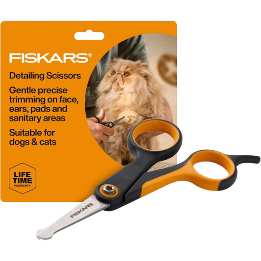 Fiskars Pet Detailing Scissors for Dog and Cat Grooming with Precision Stainless Steel Blades Rounded Safety Tips and SoftGrip Handle 5.5 Inches