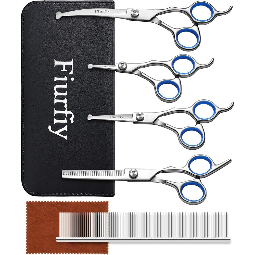 Fiurfiy 6-in-1 Dog Grooming Scissors Kit Professional Stainless Steel Pet Hair Cutting Shears With Safety Rounded Tips For Dogs And Cats