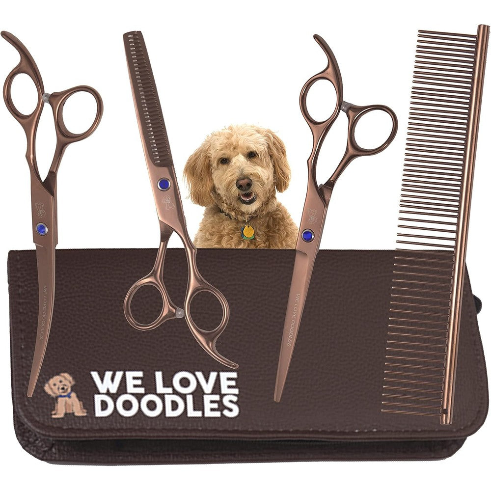 We Love Doodles Dog Grooming Scissors Kit Professional Grade Stainless Steel Shears And Comb For Poodles And Goldendoodles Four Piece Set