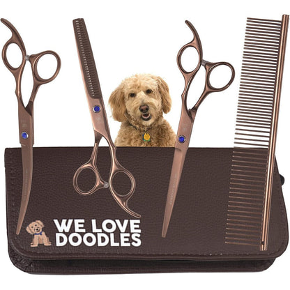 We Love Doodles Dog Grooming Scissors Kit Professional Grade Stainless Steel Shears And Comb For Poodles And Goldendoodles Four Piece Set