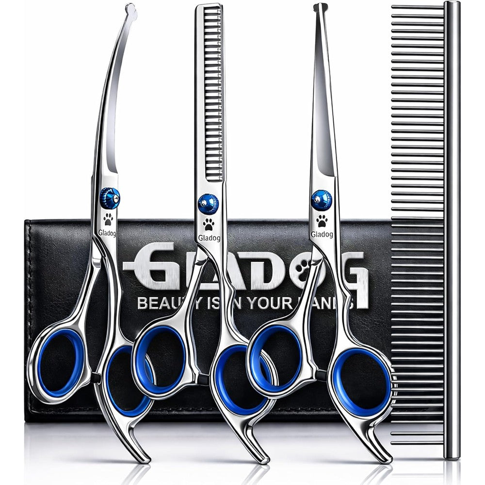 GLADOG Professional 5 In 1 Dog Grooming Scissors Set With Safety Round Tips Titanium Coated Stainless Steel Pet Shears For Dogs And Cats