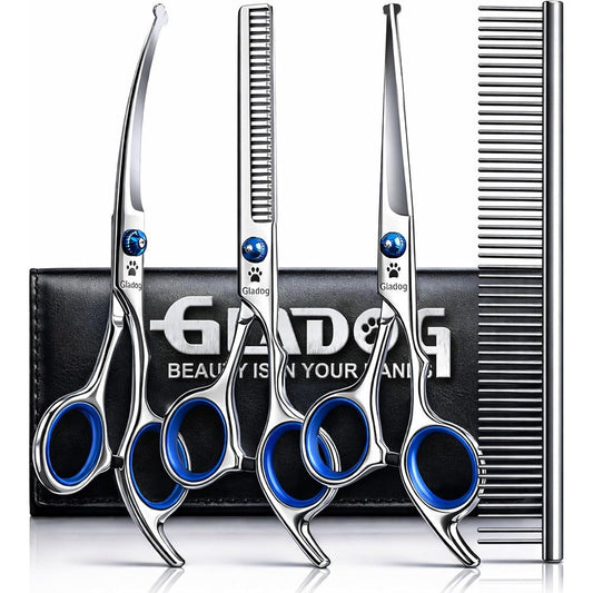 GLADOG Professional 5 In 1 Dog Grooming Scissors Set With Safety Round Tips Titanium Coated Stainless Steel Pet Shears For Dogs And Cats