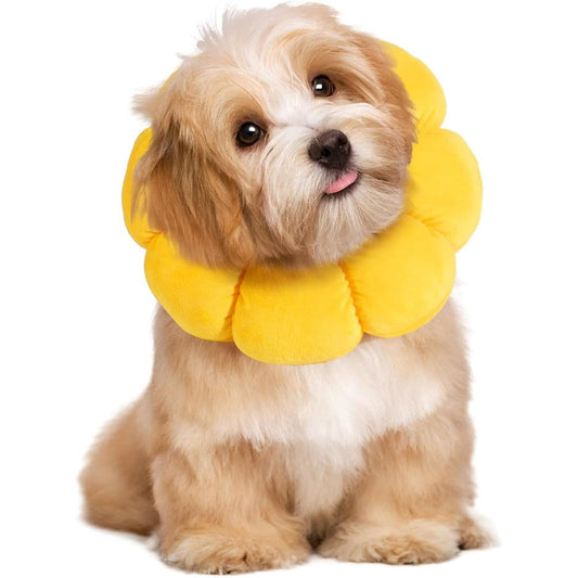 HOMBYS Soft Dog Cone for Dogs and Cats Cute and Fluffy Flower Shape Calming Recovery Elizabethan Collar Alternative Small Size Yellow
