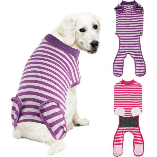 Quearn Breathable Cotton Dog Recovery Suit For Pet Surgery Recovery Anti Licking Surgical Onesie Pack Of Two Extra Large Purple And Pink Stripes