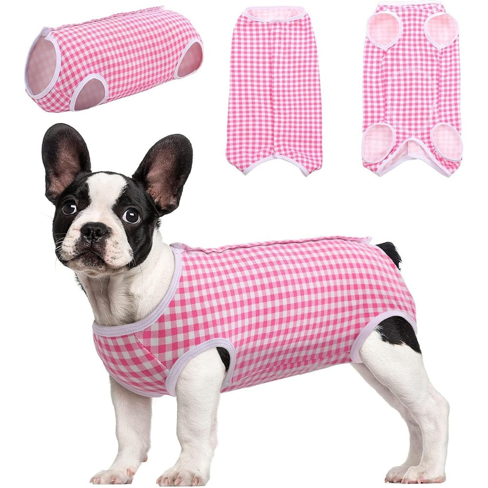 Kuoser Surgical Recovery Suit For Dogs And Cats Pink Gingham Cotton Pet Shirt Alternative To E Collar Cone For Abdominal Wounds
