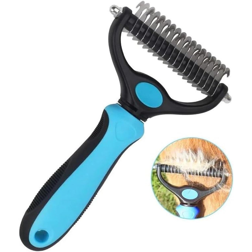 SakerPlus Double-Sided Pet Grooming Rake And Dematting Undercoat Comb For Dogs And Cats With Stainless Steel Blades, Large Size, Blue