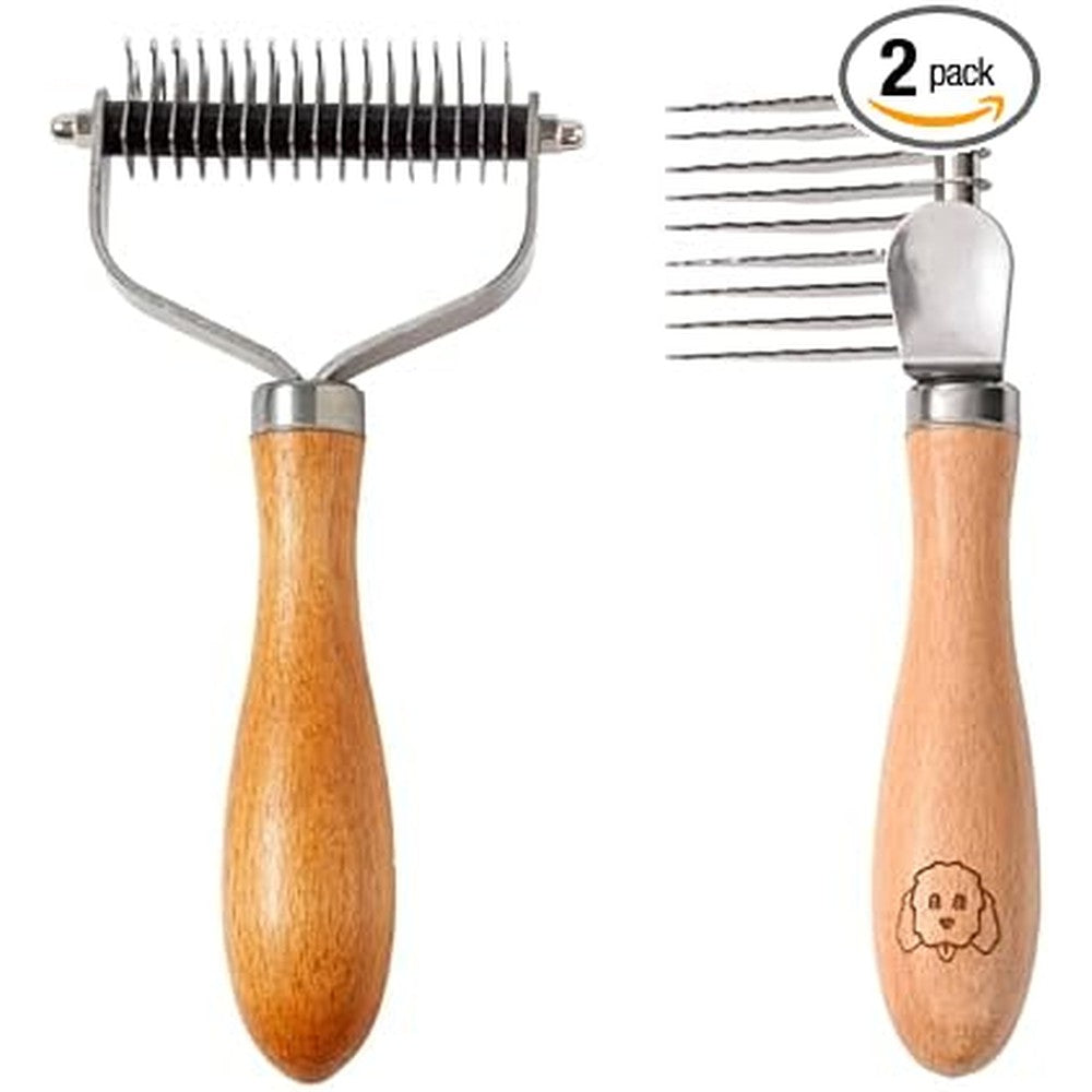 We Love Doodles Pet Dematting Comb And Pet Dematting Brush And Rake Brown Stainless Steel Grooming Tool For Dogs And Cats