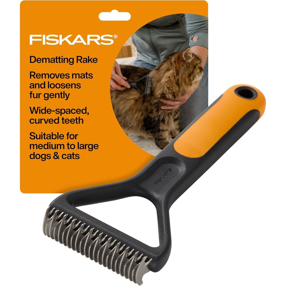 Fiskars Pet Dematting Rake For Dogs And Cats With Wide Spaced Curved Teeth And SoftGrip Handle For Gentle Grooming And Deshedding 6.75 Inches