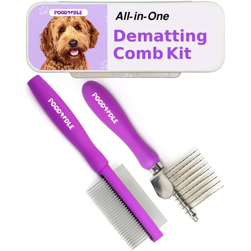Poodoodle Pain-Free Dematting Comb Kit For Dogs And Cats, Professional Pet Grooming Rake And Detangling Dual-Side Brush For Long Haired Breeds