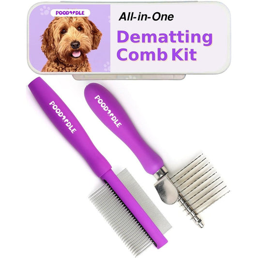 Poodoodle Pain-Free Dematting Comb Kit For Dogs And Cats, Professional Pet Grooming Rake And Detangling Dual-Side Brush For Long Haired Breeds