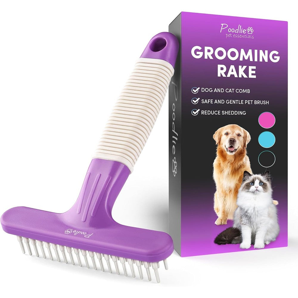 Poodlie Poodle Pet Dog Grooming Rake And Dematting Tool With Stainless Steel Pins For Pets Purple Handle