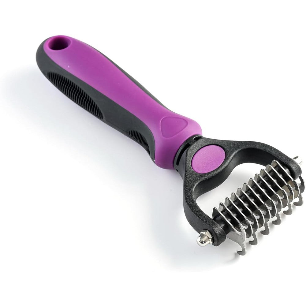 WePet Grooming Rake For Dogs And Cats, Double Sided Deshedding Brush And Extra Wide Dematting Tool For Loose Hair Removal, Small Size, Purple