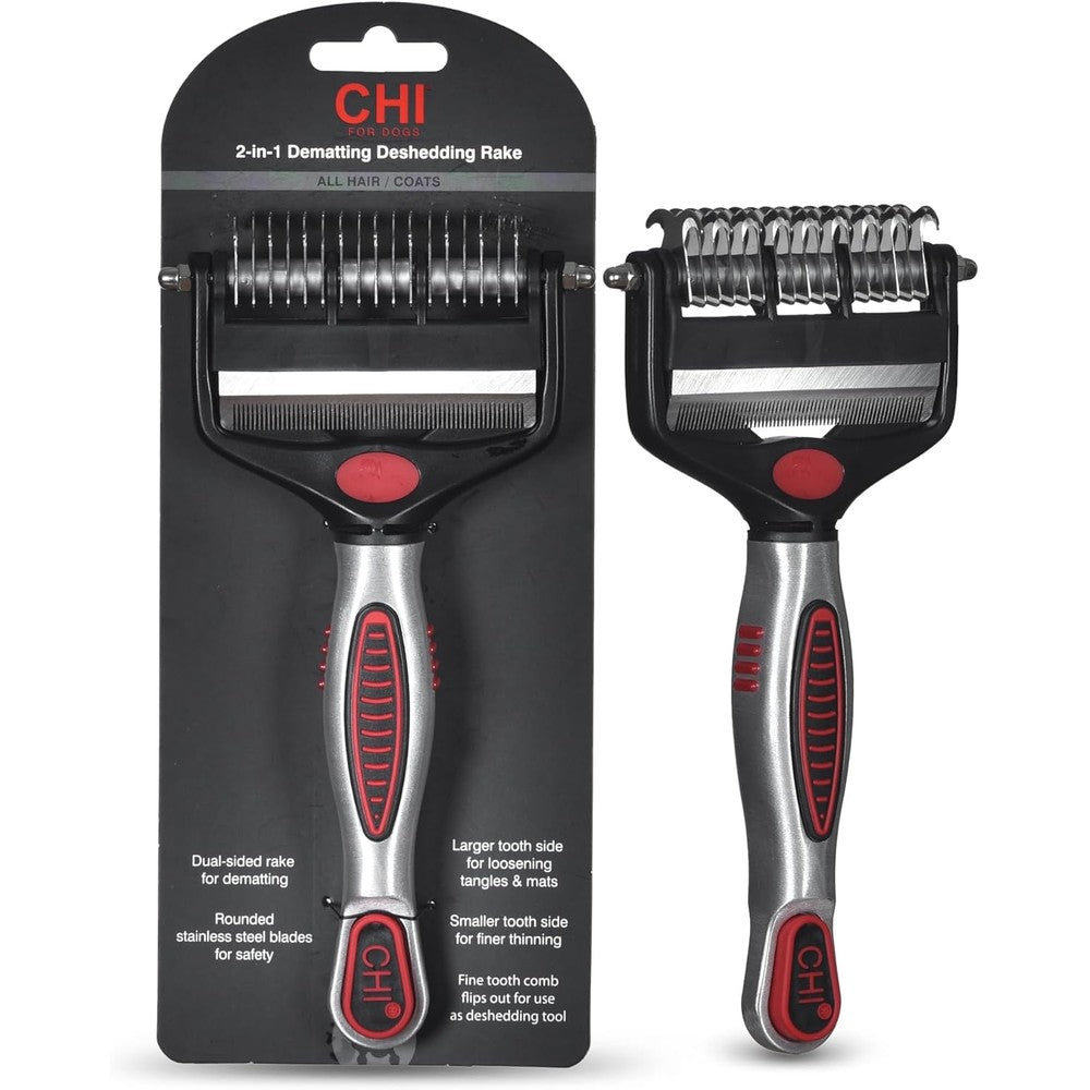 CHI For Dogs 2 In 1 Dematting And Deshedding Rake Dual Head Dog Grooming Tool For Mats Knots And Loose Undercoat Removal
